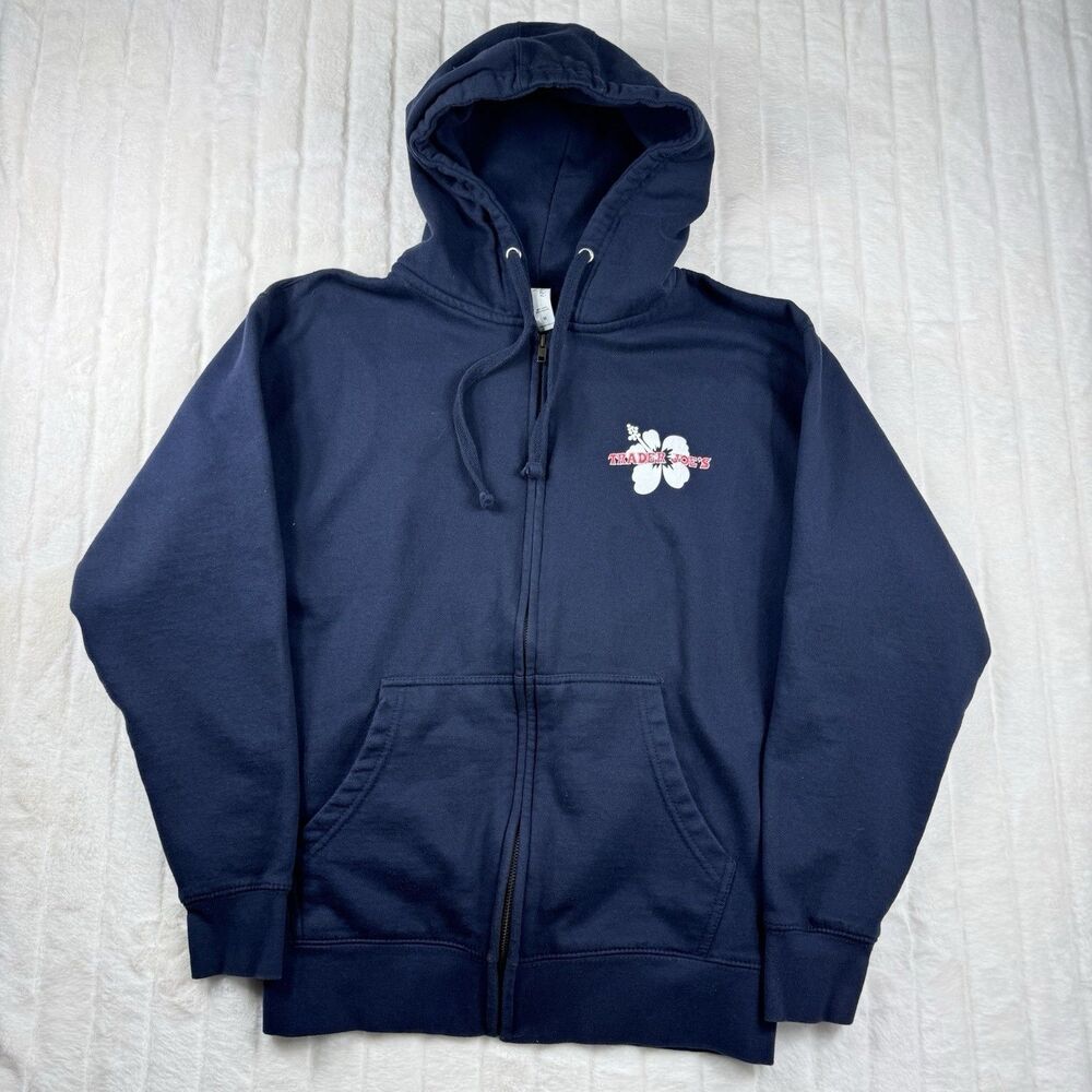 Trader Joes Navy Blue Hibiscus Logo Full Zip Hoodie Sweatshirt Adult Size Medium